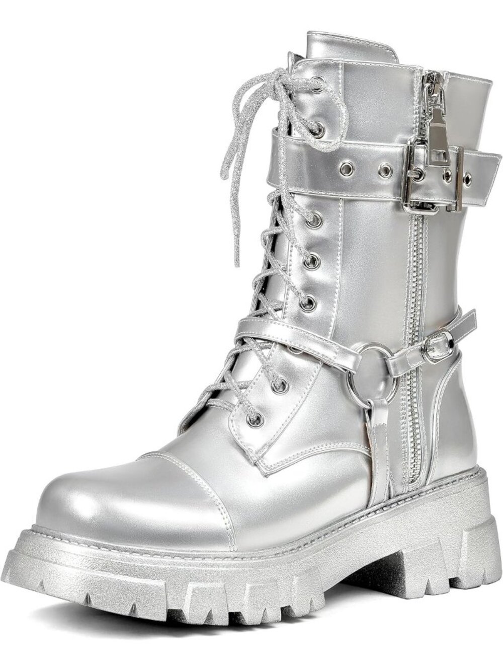 Women's Silver Harness Motorcycle Steampunk Combat Lace up Chunky Mid Calf Boots